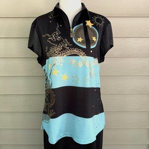 Jamie Sadock Art Wear Golf Polo Performance Top Dragon Stars Black Blue Size M